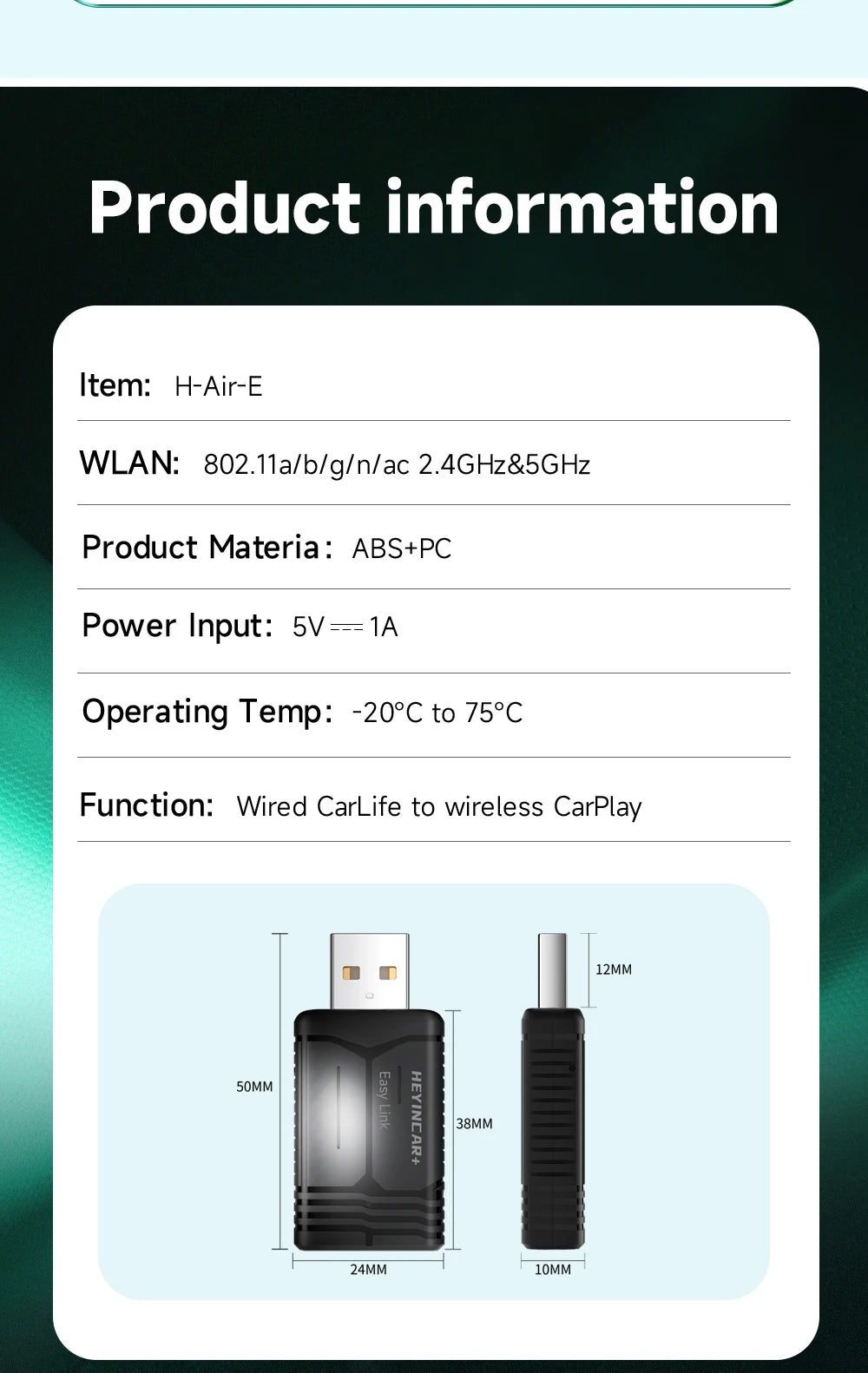 HEYINCAR Baidu Carlife to Carplay Wireless Adapter Auto Connect, Supports Online Music, Map Navigation